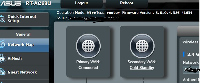 Skärmdump av ASUS RT-AC68U router-gränssnitt som visar "Primary WAN: Connected" och "Secondary WAN: Cold-Standby".