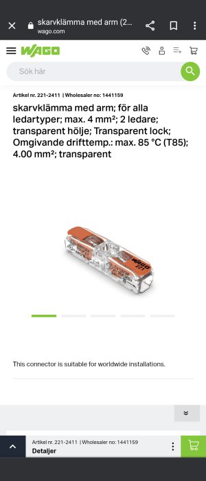 Transparent Wago 221-2411 skarvklämma för två ledare med öppningsbar arm.