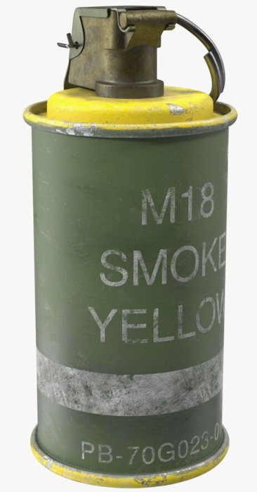 En grön och gul M18 rökgranat med texten "SMOKE YELLOW" påskriven.