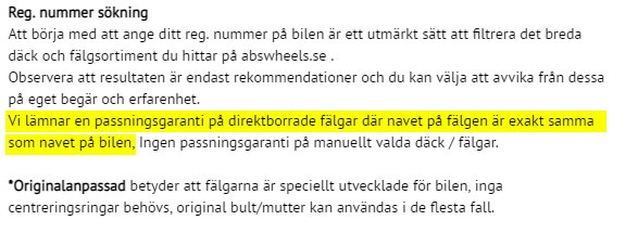 Skärmdump från ABS Wheels hemsida om sökning av fälgar via registreringsnummer.