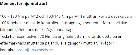 Text från ABS Wheels webbsida om moment för hjulmuttrar och e-post för kontakt.