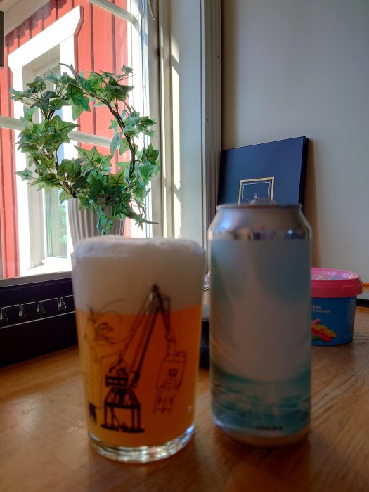 Ölglas med skumkrona bredvid en ölburk på ett bord framför ett fönster med gröna växter.