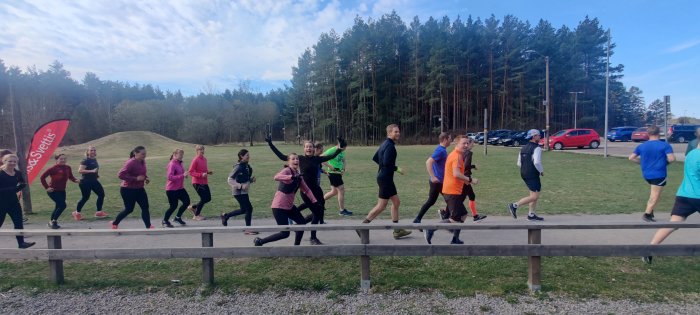 Grupp människor som deltar i Backyard-loppet, springer glatt genom en parkmiljö.