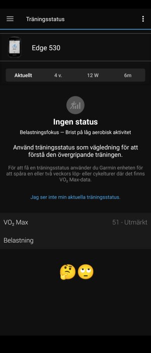 Skärm med träningsstatus visar "Ingen status", VO2 Max-värde, och ikoner för emotionellt tillstånd.