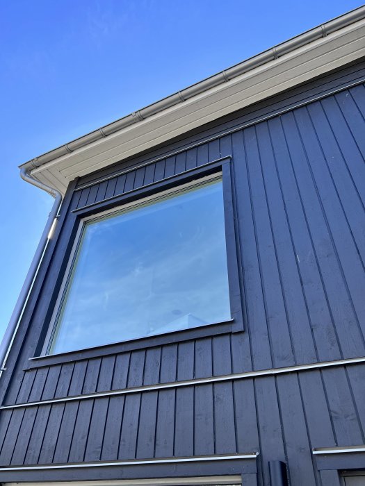 Stort fönster 2x2 meter högt upp på en husfasad med mörk panel och synlig ränna.