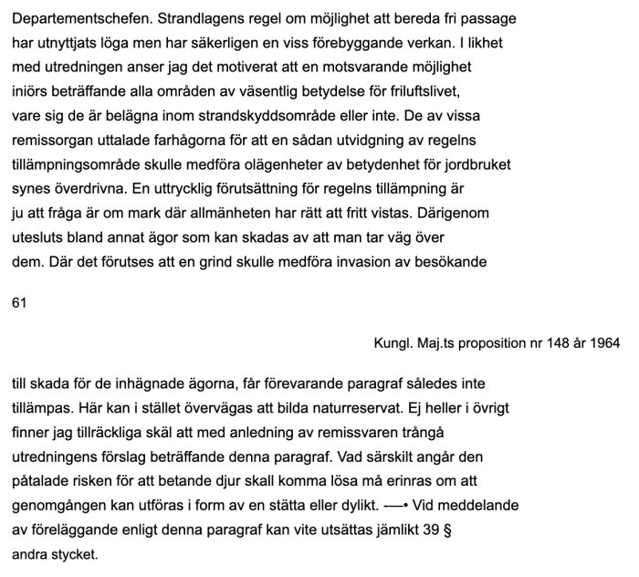 Skärmdump av en text från Kungl. Maj:ts proposition nr 148 år 1964 som handlar om lagändringar relaterade till strandskydd och friluftsliv.