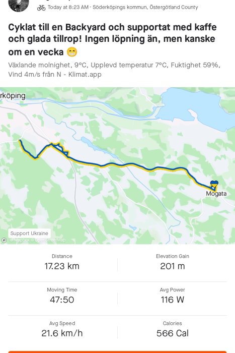 Skärmdump av en cykeltur med statistik och en karta som visar rutt på 17.23 km och data som tidsåtgång, snitthastighet, höjdvinst och kaloriförbrukning.