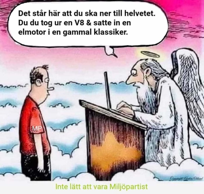 Tecknad bild av en man framför en ängel vid en dator med texten "Inte lätt att vara Miljöpartist".