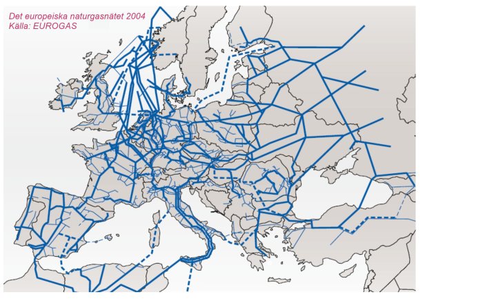 Karta som visar det europeiska naturgasnätet 2004, med linjer som representerar gasledningar.