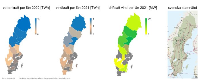 Fyra kartor över Sverige som visar vattenkraft per län 2020, vindkraft per län 2021, driftsatt vind per län 2021 och svenska stamnätet.