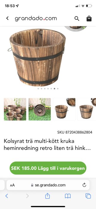 Träkruka i form av en liten hink designad för växter, med svarta metallband.