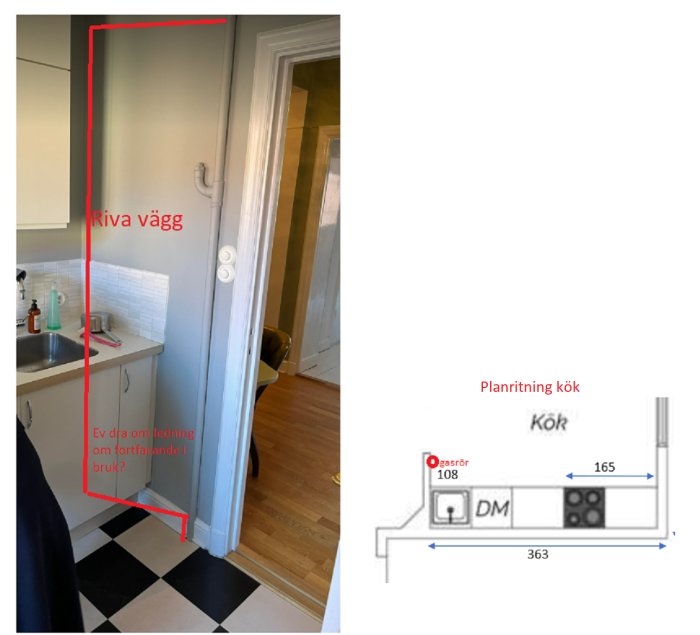 Kök med synligt gasrör och markerad vägg som användare överväger att riva, samt tillhörande planritning.