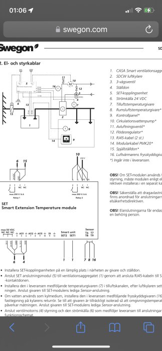 Schematisk illustration av ett Swegon kylsystem för frikyla inklusive komponenter och kopplingar.