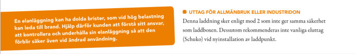 Informationsgrafik som varnar för risker med elanläggningar och råder att inte använda Schuko för elbilsladdning.