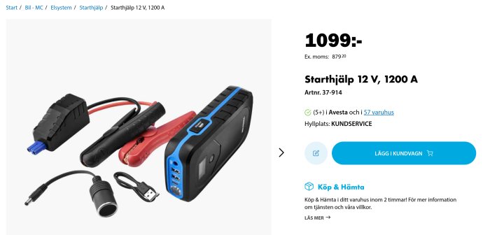 Starthjälp 1200 A som liknar en powerbank med anslutna kablar och tillbehör.