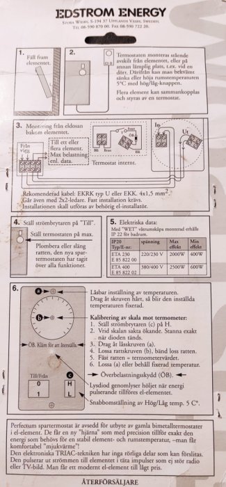 Instruktionsblad för installation av rumstermostat, inklusive diagram och elektriska data, från Edström Energy.