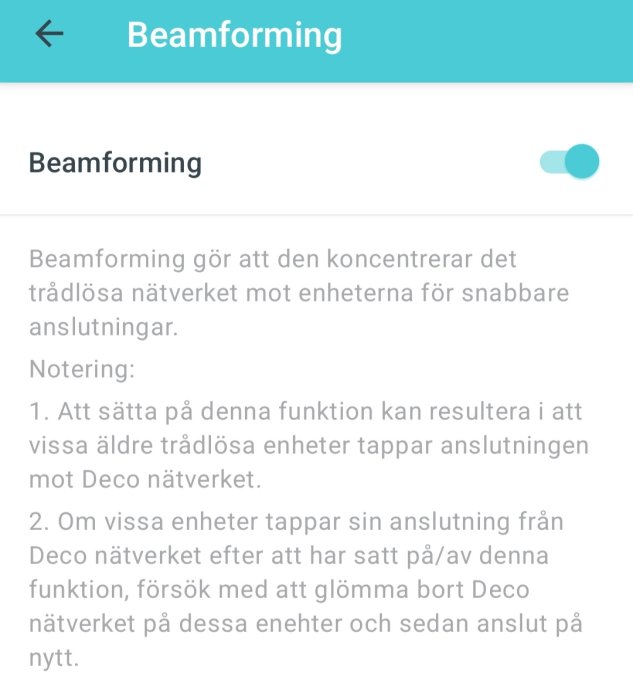 Skärmdump av inställningen för Beamforming med förklaring om funktionen och noteringar om effekter på enheter.