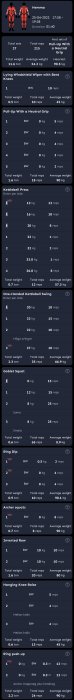 Skärmdump av träningslogg med övningar och vikter noterade i en app.