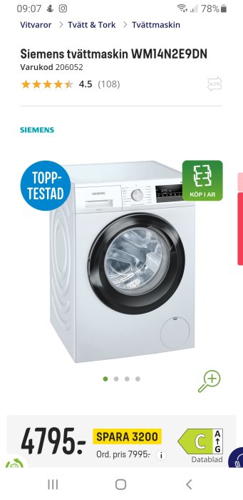 Siemens tvättmaskin WM14N2E9DN i vit färg, frontlastare design, med priset och betyg visade.
