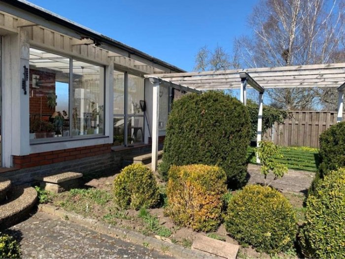 Husfasad före renovering med fönsterparti, övervuxen trädgård och pergola.