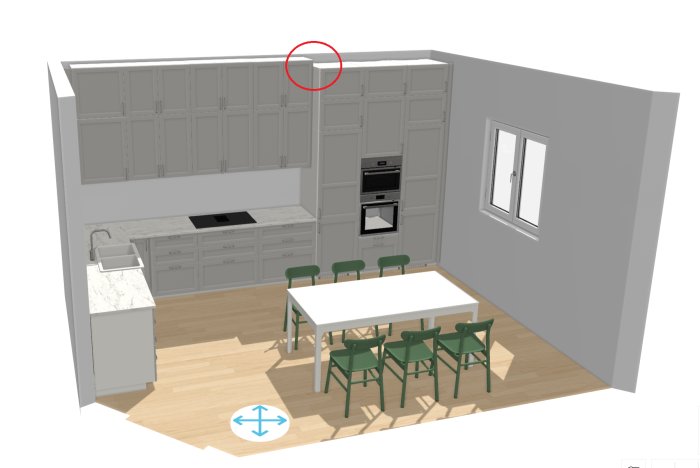 3D-ritning av kök med väggskåp placerade högre än högskåpen, vilket skapar utrymme över bänk.