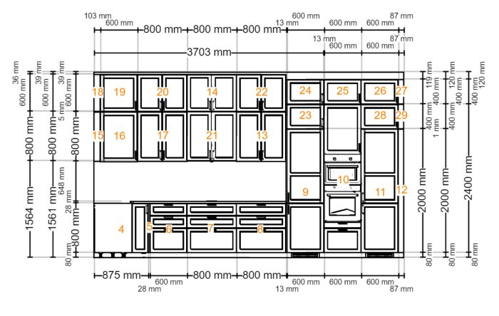 Köksskåpslayout med dimensioner som visar placering av högskåp och väggskåp i olika höjder.