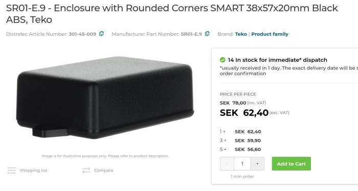 Svart elektroniklåda med rundade hörn från Teko, modell SRO1-E9, storlek 38x57x20mm.