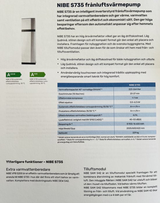 Informationsblad om NIBE S735 frånluftsvärmepump med teknisk specifikation och energiklassningar.