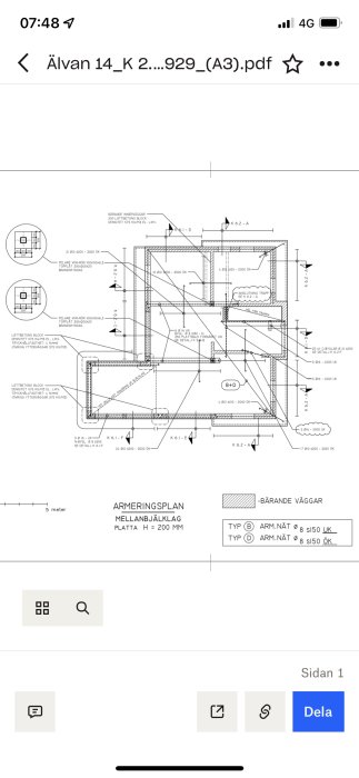 Armeringsplan för mellanbjälklag med tydlig markering vid trappöppning, teknisk ritning.