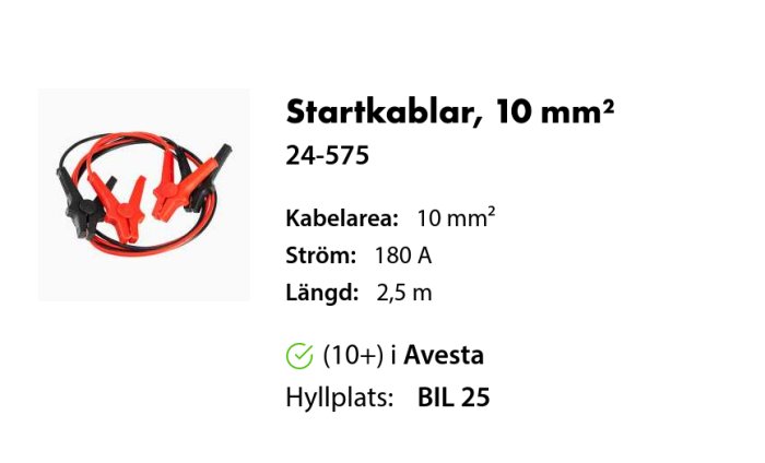 Startkablar med röda och svarta klämmor och 10 mm2 kabelarea, märkta 24-575 från Biltema.