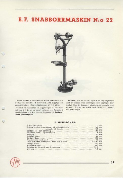 Gammal reklam för "E.F. Snabborrmaskin Nr 22" från Engstrand & Frisk med text och måttangivelser.