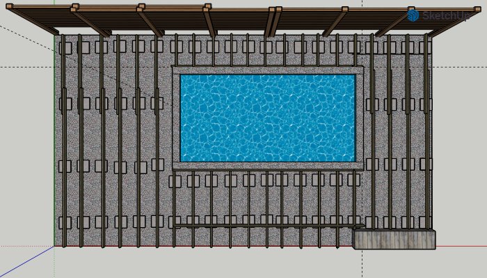 3D-ritning i SketchUp av en pool med en obyggd altan, visar reglar och en indikerad tvärgående kortling utan ram.