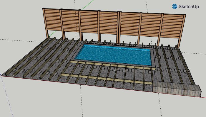 SketchUp-ritning av en altan under konstruktion runt en rektangulär pool med synliga reglar och kortlingar.
