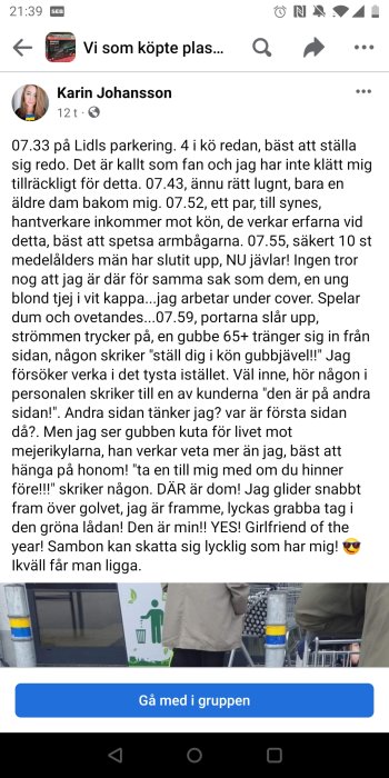 Skärmavbild av Facebook-inlägg med text om kö till Lidl och bild på personer i kö med shoppingvagnar.