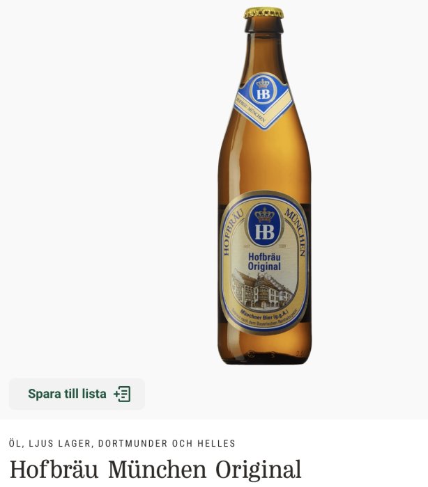 Flaska av Hofbräu München Original öl med etikett och logotyp synlig.