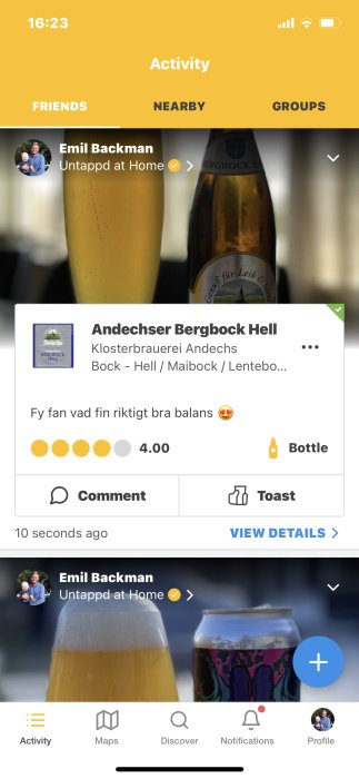 Skärmdump från ölbetygsapp visar användarens 4-stjärniga omdöme av Andechser Bergbock Hell.