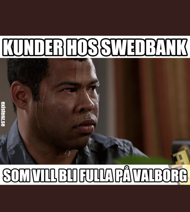 Man som ser bekymrad ut med text om Swedbank och firande på Valborg.