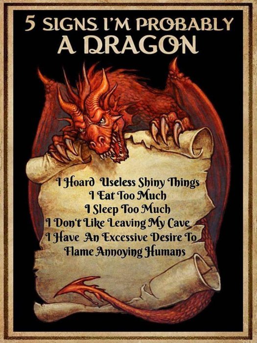 Illustration av en röd drake med en lista: "5 Signs I'm Probably a Dragon," om hobbyer och beteenden.