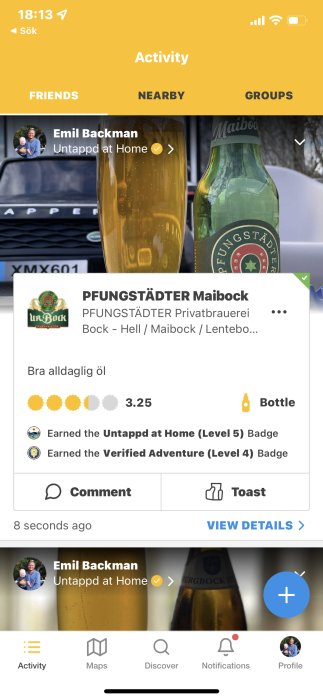 Flaska PFUNGSTÄDTER Maibock med betyget 3.25 och användarens omdöme "Bra alldaglig öl" på appen Untappd.