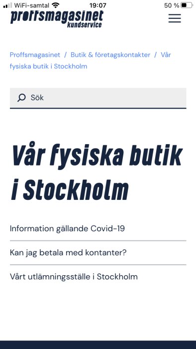 Skärmdump av Proffsmagasinet webbsida med information om fysisk butik i Stockholm och Covid-19 information.