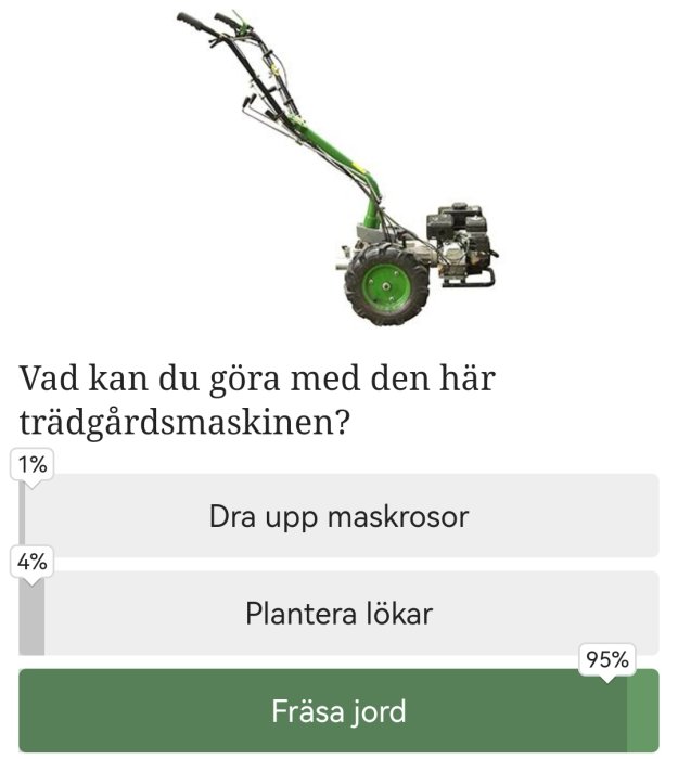 Motordriven gräsklippare med resultat av omröstning för trädgårdsarbete visande felaktiga svarsalternativ.