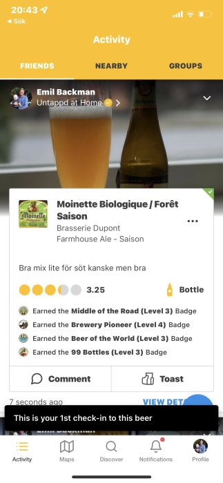 Skärmdump från öl-betygsättning app med Moinette Biologique Saison-flaskbild, betyg 3.25 och märkesbadges.