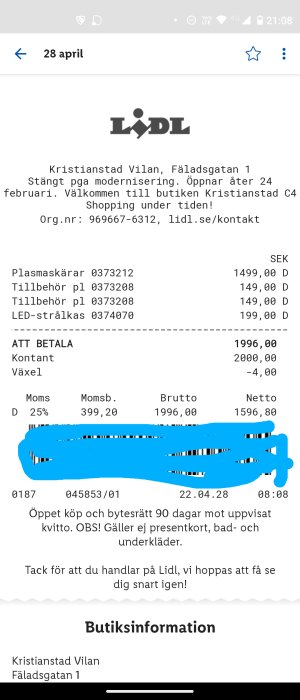 Skärmdump av kvitto från Lidl med tydligt listade varor som köpts och den totala kostnaden, delvis överstruket med blått.