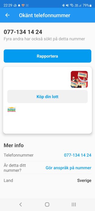 Skärmdump av en sökning på ett okänt telefonnummer med detaljer och annons för lotteri.