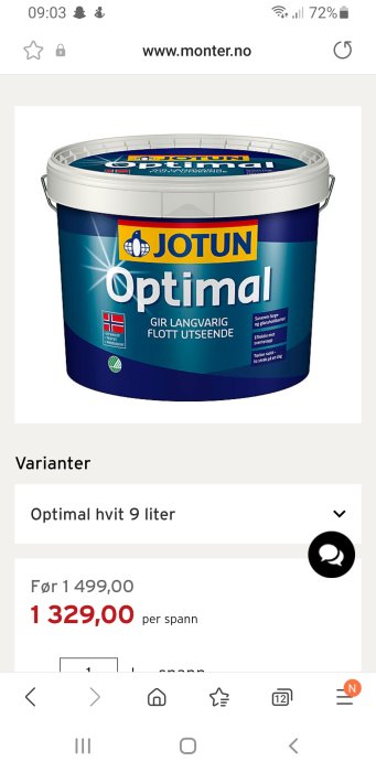 En skärmavbildning av en hink med Jotun Optimal färg på Montér webbsida, prissatt till 1 329 NOK.