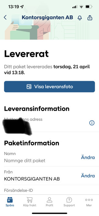 Skärmdump från leveransspårningsapp som visar paket levererat av Kontorsgiganten AB med knapp för att visa leveransfoto.