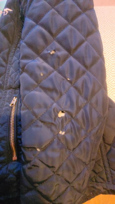 Närbild på en marinblå quiltad jacka med synliga slitage och hål.