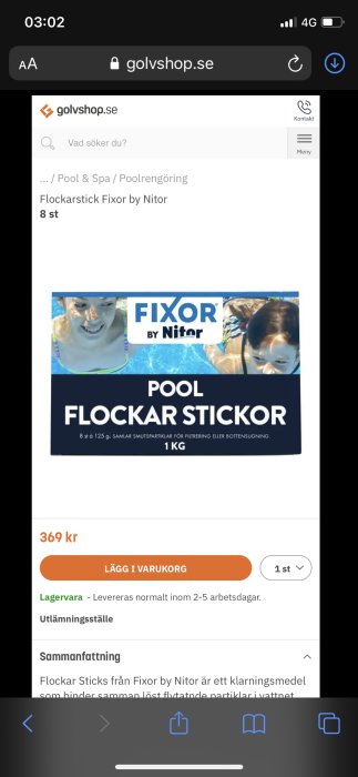 Skärmbild från golvshop.se som visar Fixor Flockarstick för poolrengöring med pris 369 kr.