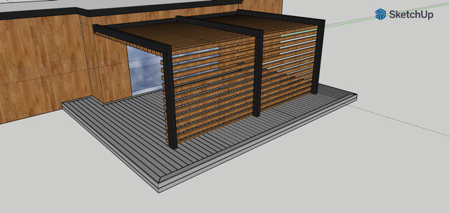 3D-modell av en komposit altan och trä pergola intill ett hus i SketchUp.