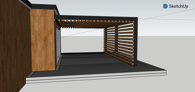 3D-modell av en planerad altan och pergola i anslutning till ett hus, ritad i SketchUp.